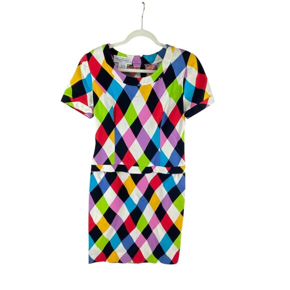 Maggy Boutique 980s Colorful Mardi Gras Pattern Short Sleeve Sheath Dress Size 8 - Picture 6 of 10